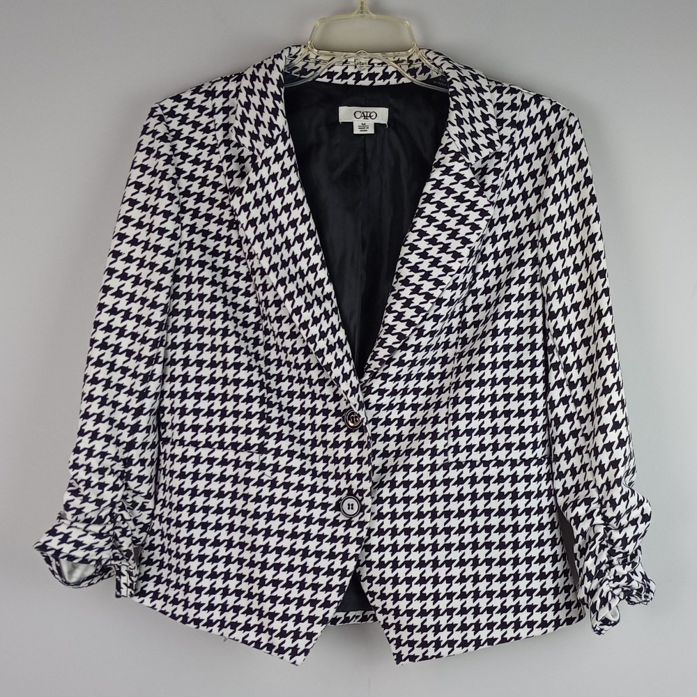 Cato Womens M Black White Ruched Sleeve Houndstooth Career Blazer Jacket
